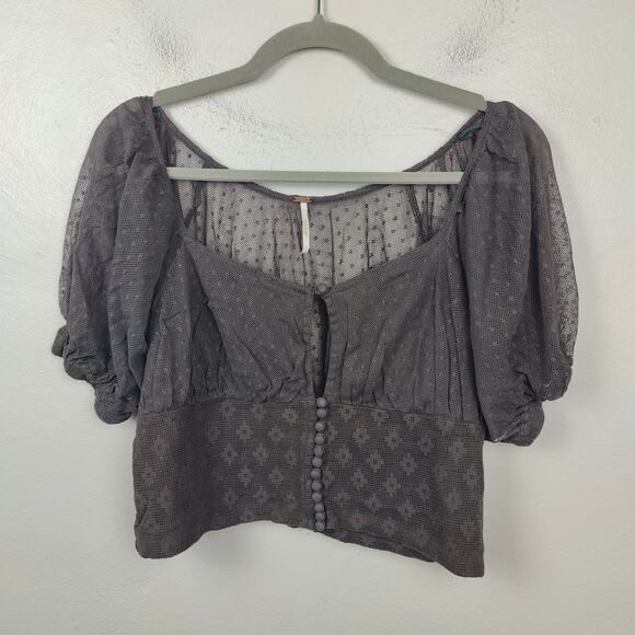 Free People Heartstrings Puff Sheer Crop Top Womens‎ Small Soft Black Lace - Picture 1 of 8